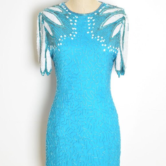 vintage 80s dress sequin beaded blue silk flapper feathers party cocktail prom M - Picture 3 of 11